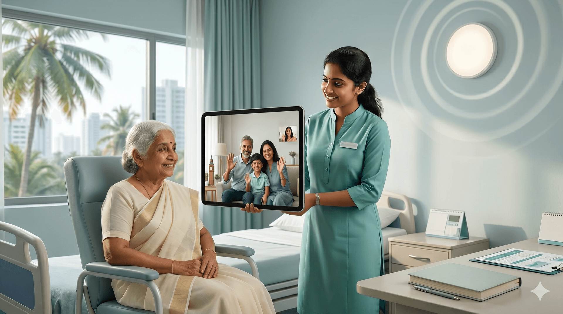NRI family receiving live updates during a parent's Kerala hospital appointment
