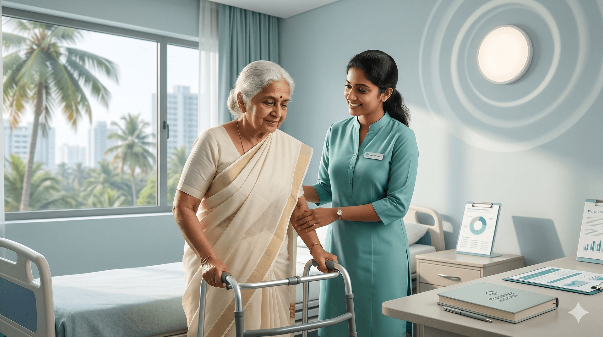 Elderly parent being accompanied to a hospital visit in Kochi