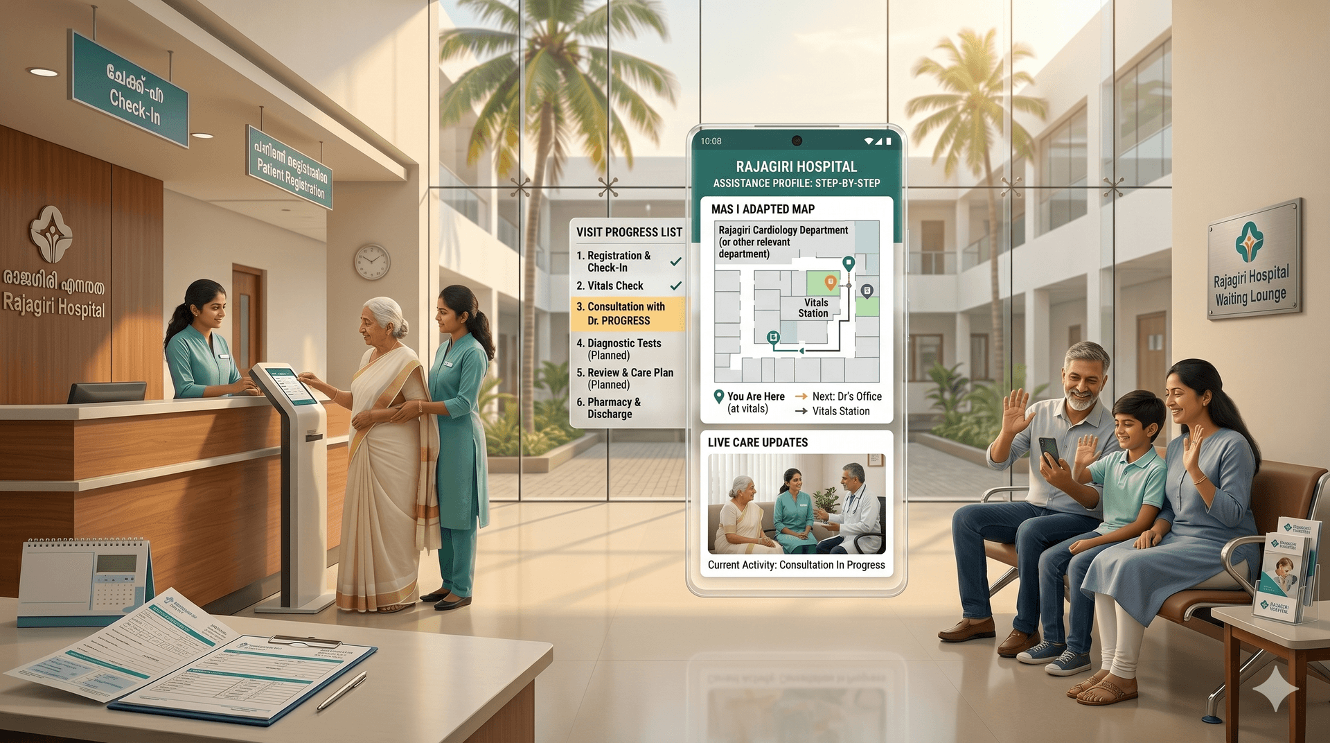 Elderly parent receiving guided assistance at Rajagiri hospital