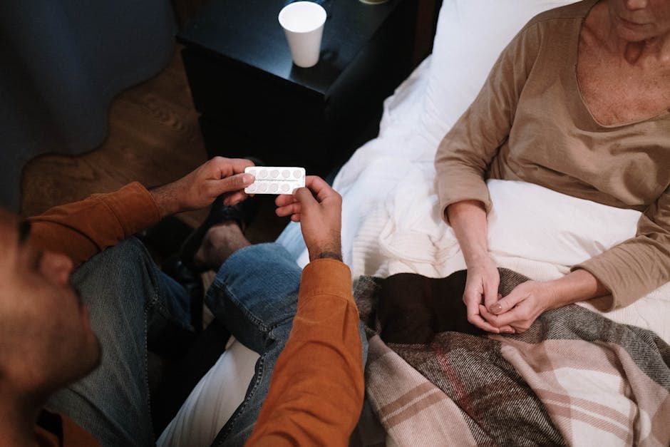 Elderly parent recovering at home with family support after hospital discharge