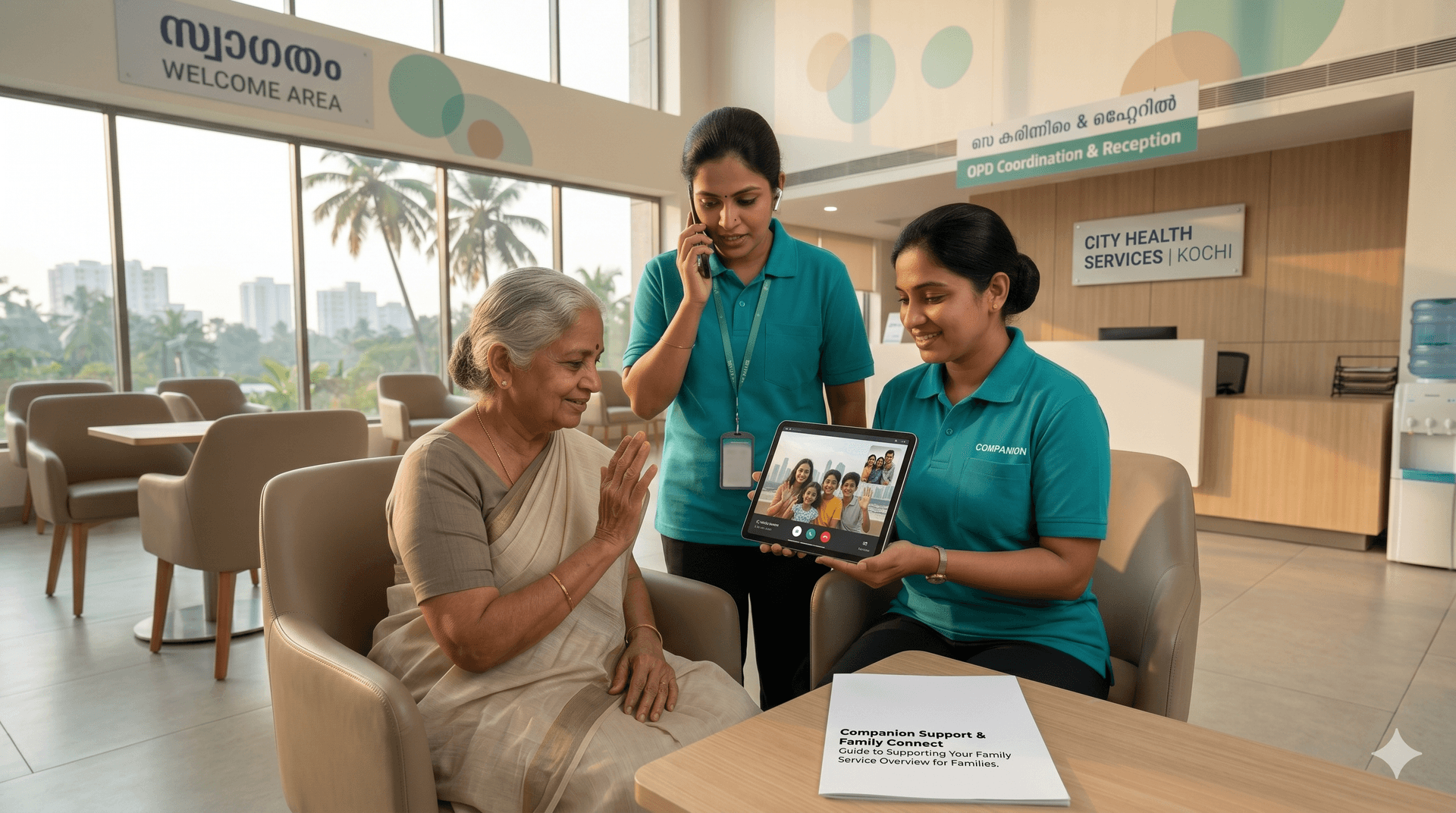 Companion assisting an elderly parent at Lakeshore Hospital in Kochi