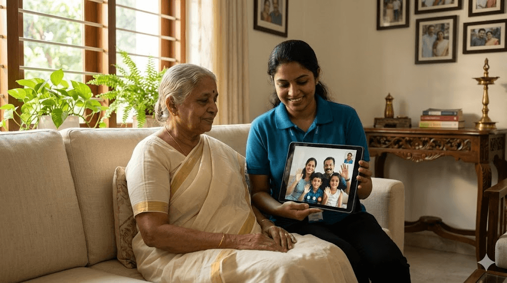 Companion supporting an elderly parent during a hospital visit