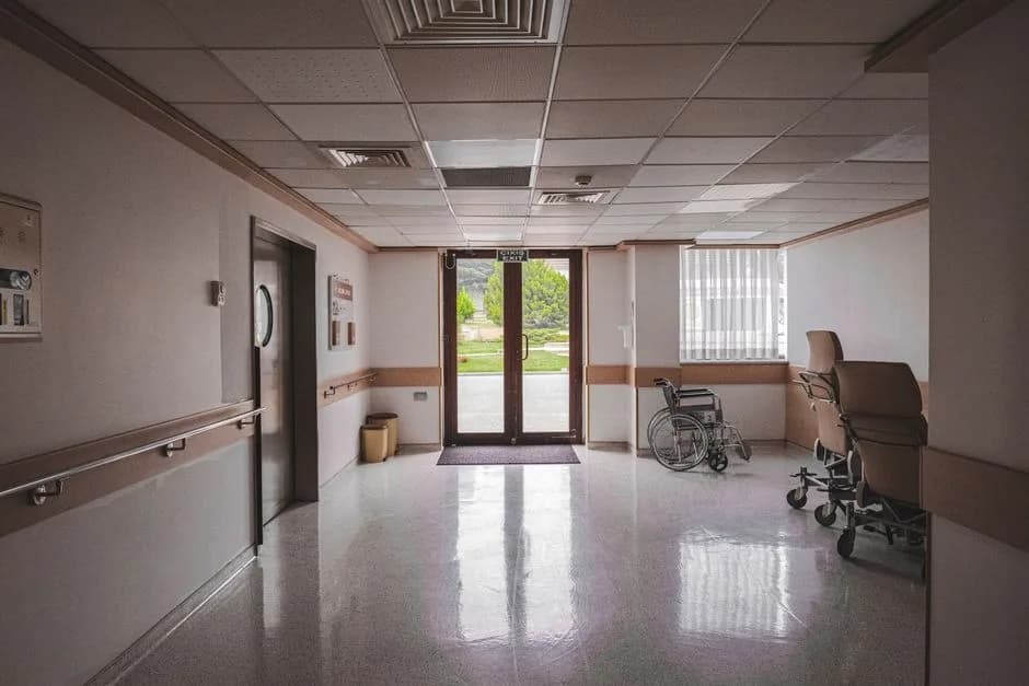 Hospital corridor with a wheelchair