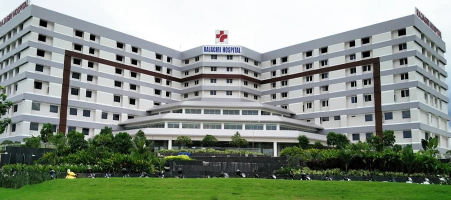 Rajagiri Hospital Kochi building exterior with signage