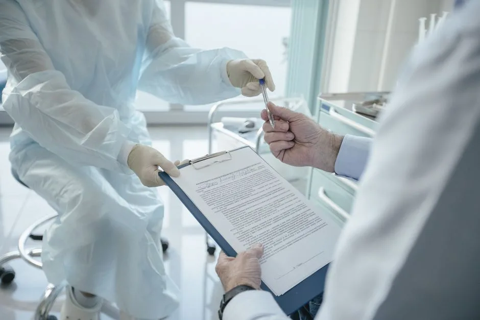 Hospital staff handing off discharge paperwork on a clipboard