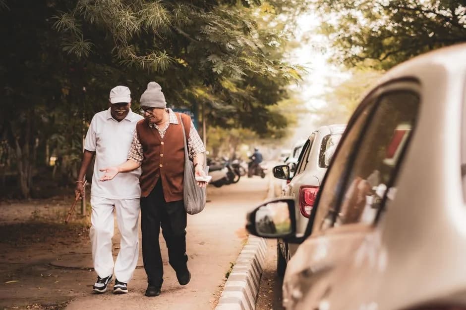 Two elderly Indian men on a morning walk together